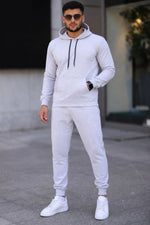 Erkek İki İplik Kapüşonlu Kanguru Cepli Sweatshirt Jogger Pantolon Alt Üst Eşofman Takımı -Beyaz