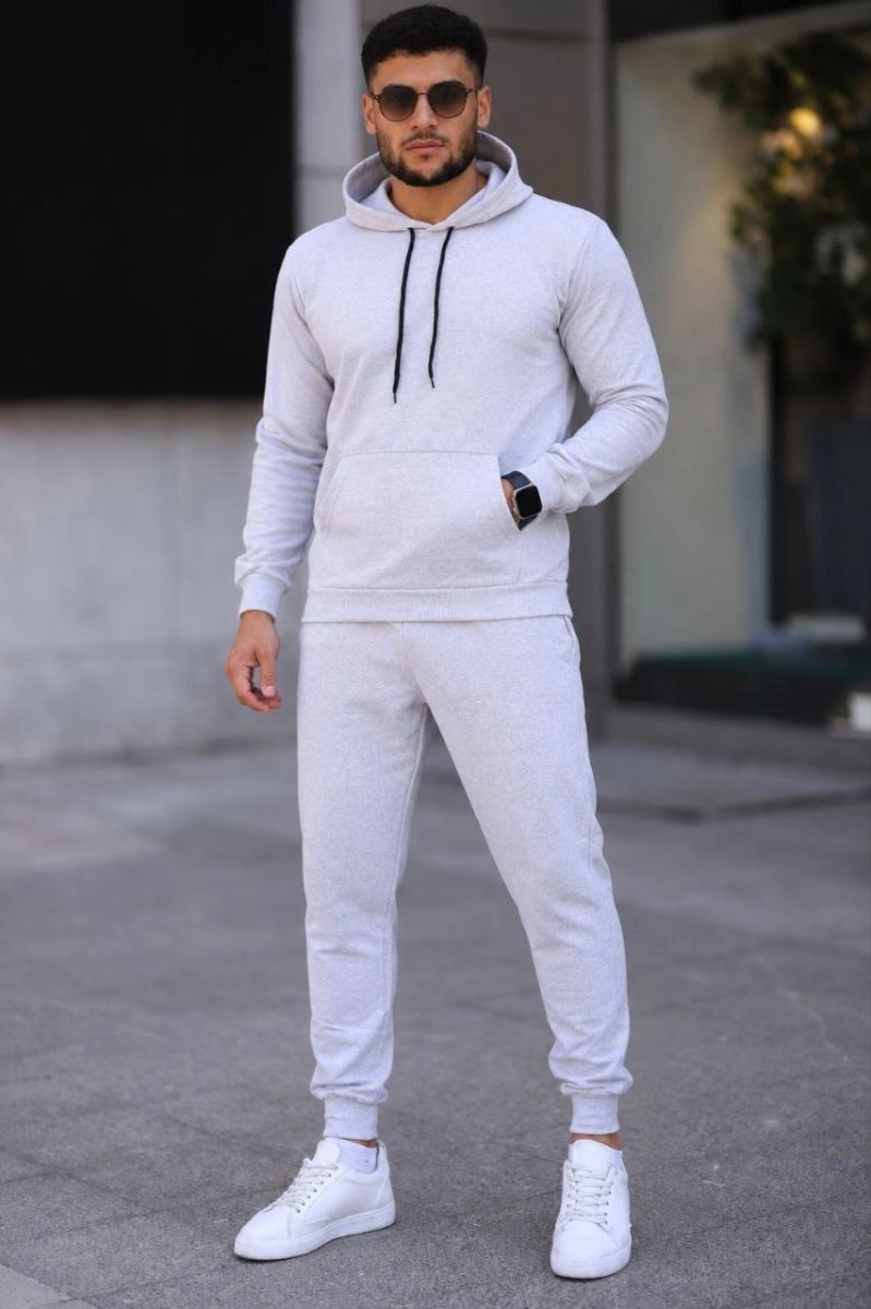 Erkek İki İplik Kapüşonlu Kanguru Cepli Sweatshirt Jogger Pantolon Alt Üst Eşofman Takımı -Beyaz