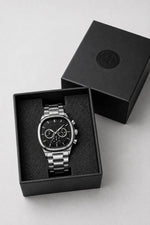 Erkek Gümüş Renk Metal Kordon Analog Kol Saati Siyah Kadran Takvim Göstergeli - Gümüş