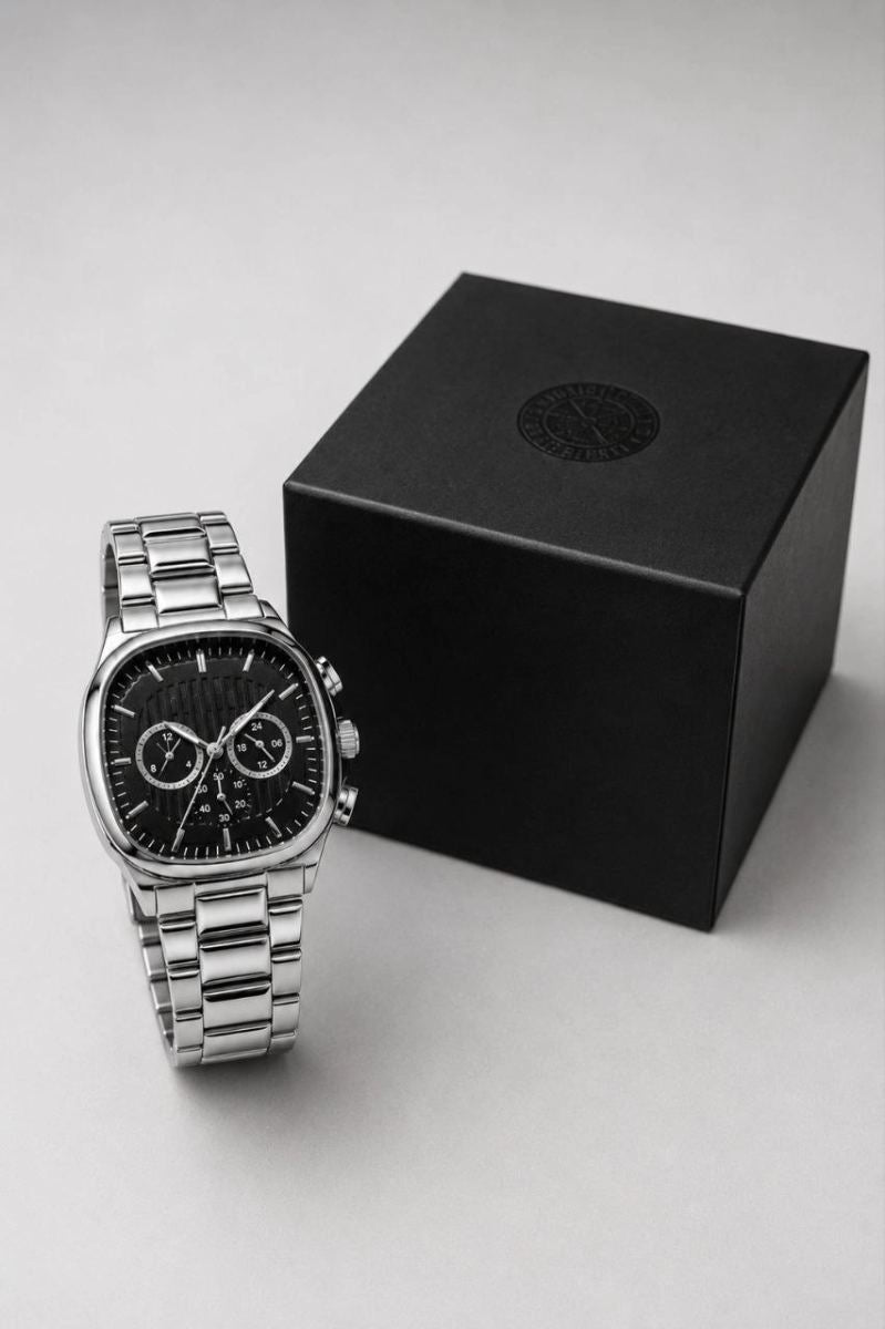 Erkek Gümüş Renk Metal Kordon Analog Kol Saati Siyah Kadran Takvim Göstergeli - Gümüş
