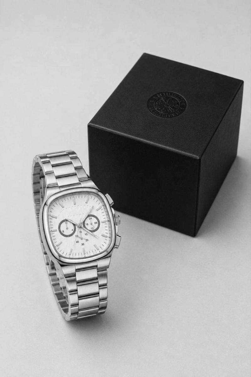 Erkek Gümüş Renk Metal Kordon Analog Kol Saati Çok Fonksiyonlu Beyaz Kadran - Gümüş