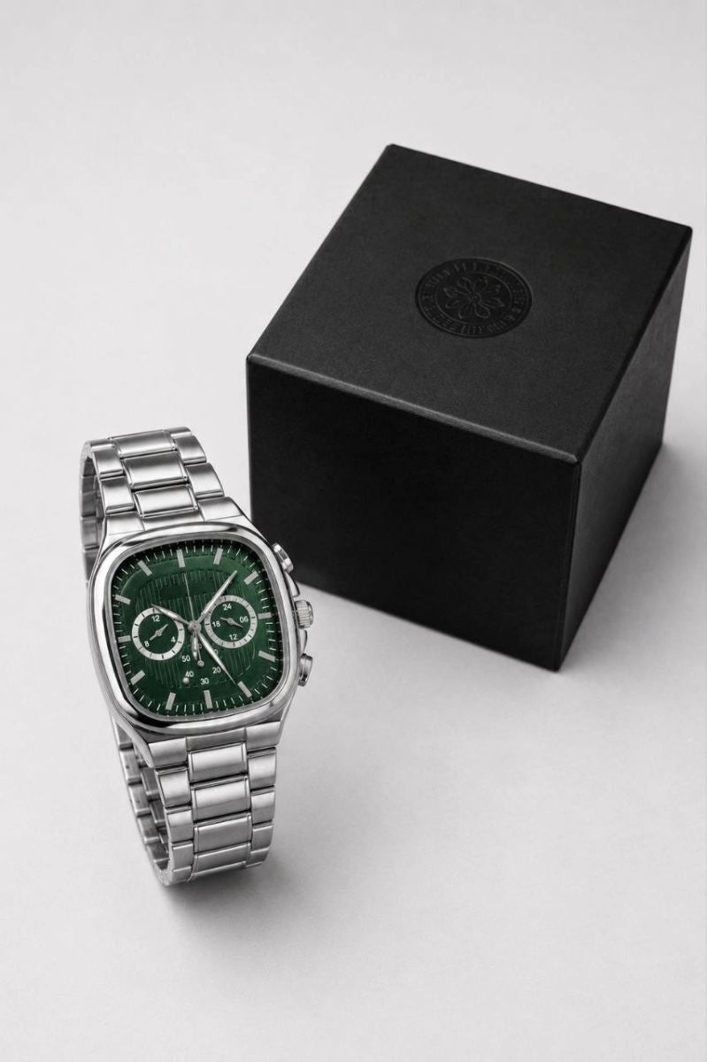 Erkek Gümüş Metal Kordon Analog Kol Saati Yeşil Kadran Takvim Göstergeli - Gümüş