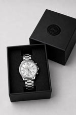 Erkek Gümüş Renk Metal Kordon Analog Kol Saati Takvim Göstergeli Beyaz Kadran - Gümüş