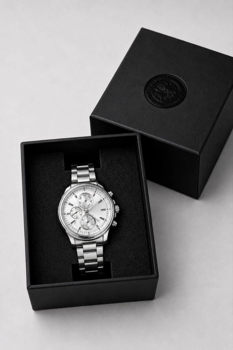 Erkek Gümüş Renk Metal Kordon Analog Kol Saati Takvim Göstergeli Beyaz Kadran - Gümüş