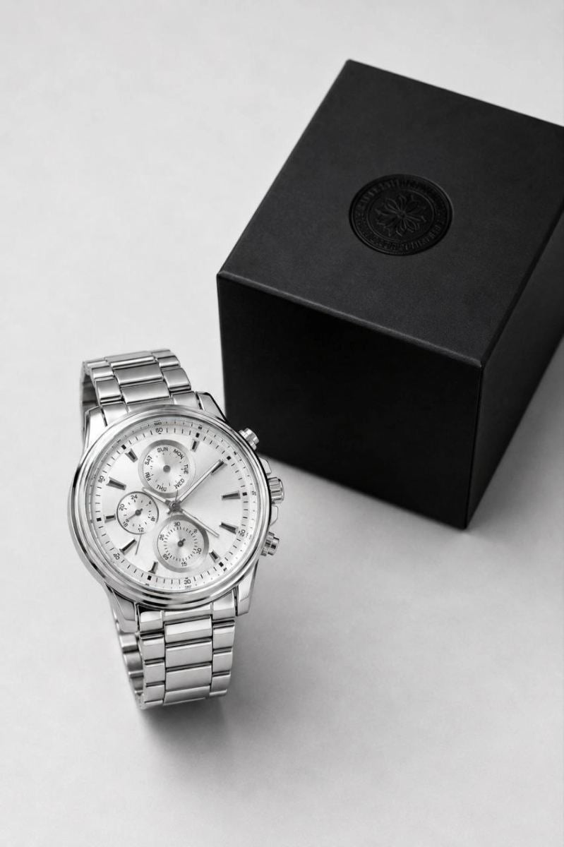 Erkek Gümüş Renk Metal Kordon Analog Kol Saati Takvim Göstergeli Beyaz Kadran - Gümüş