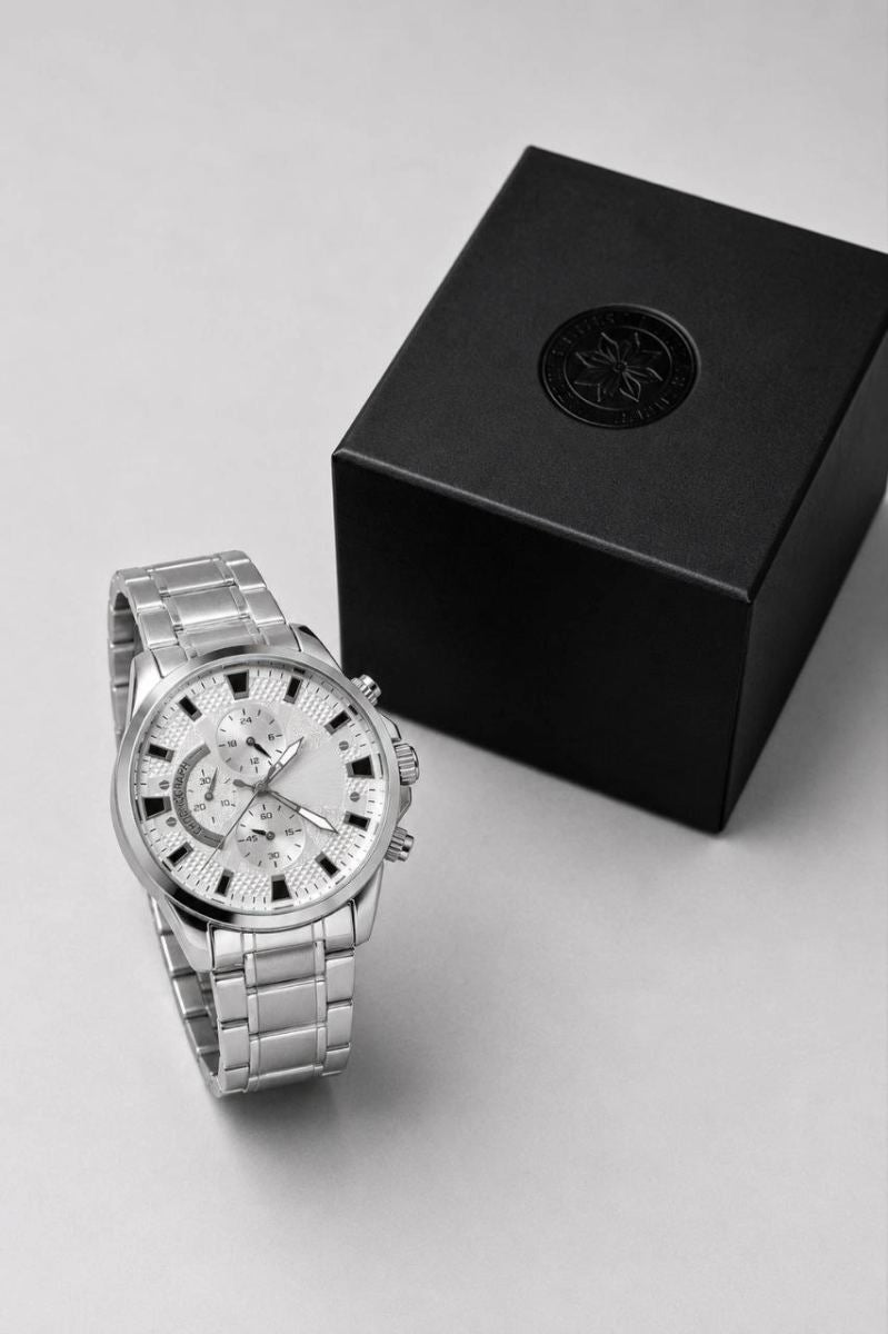 Erkek Gümüş Renk Metal Kordon Analog Kol Saati 24 Saat Takvim Göstergeli Gri Kadran - Gümüş