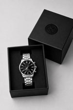 Erkek Gümüş Renk Metal Kordon Analog Kol Saati Takvim Göstergeli Siyah Kadran - Gümüş