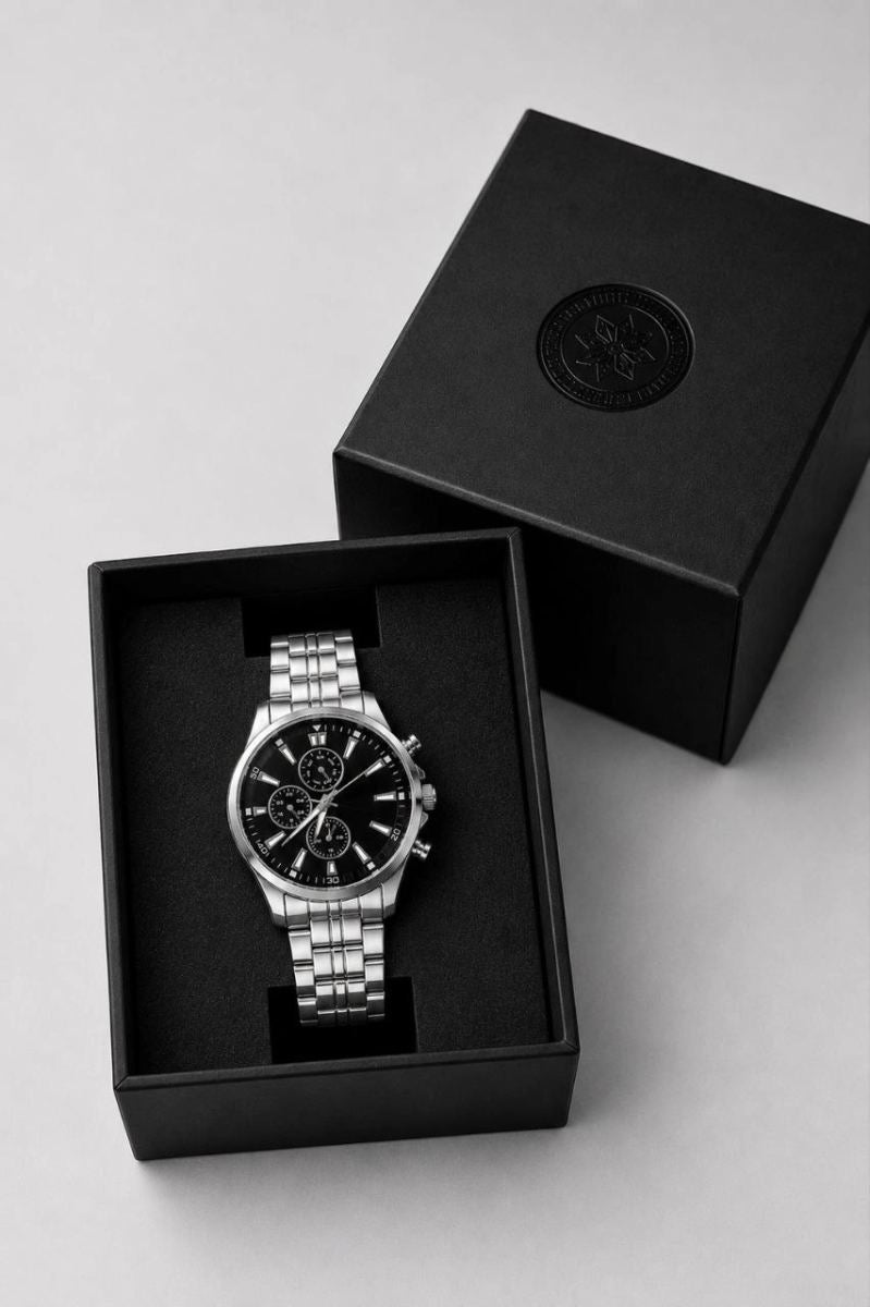 Erkek Gümüş Renk Metal Kordon Analog Kol Saati Takvim Göstergeli Siyah Kadran - Gümüş