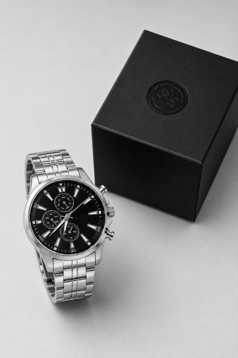 Erkek Gümüş Renk Metal Kordon Analog Kol Saati Takvim Göstergeli Siyah Kadran - Gümüş
