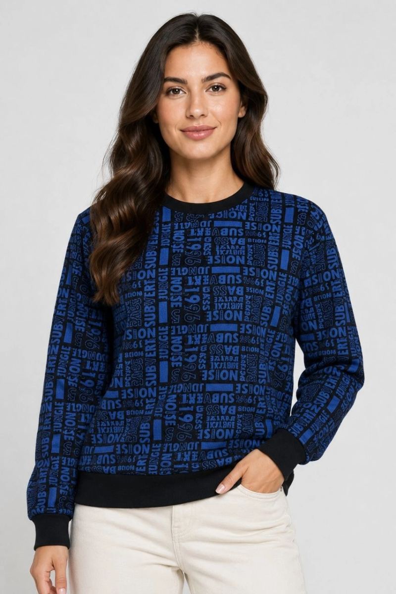 Kadın Siyah Mavi Yazı Desenli İki İplik Şardonlu Sweatshirt