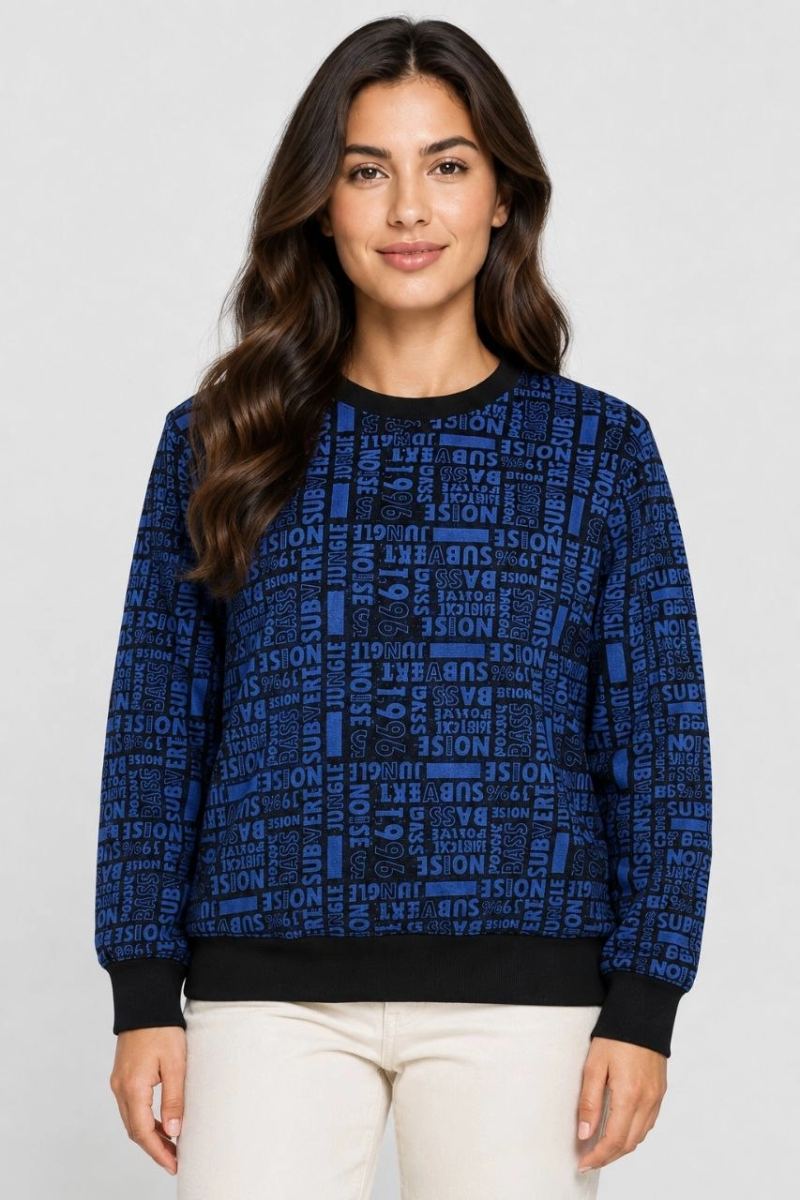 Kadın Siyah Mavi Yazı Desenli İki İplik Şardonlu Sweatshirt
