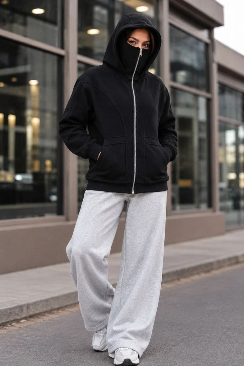 Kadın Maskeli Ninja Model Çift Kapüşonlu 3 İplik Şardonlu Fermuarlı Oversize Sweatshirt - Siyah