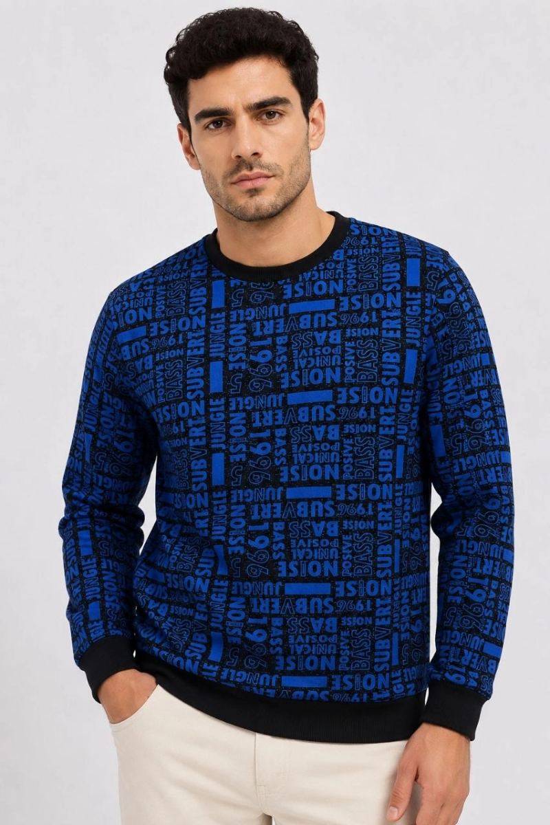 Erkek Siyah Mavi Yazı Desenli İki İplik Şardonlu Sweatshirt