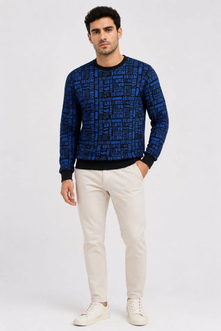 Erkek Siyah Mavi Yazı Desenli İki İplik Şardonlu Sweatshirt