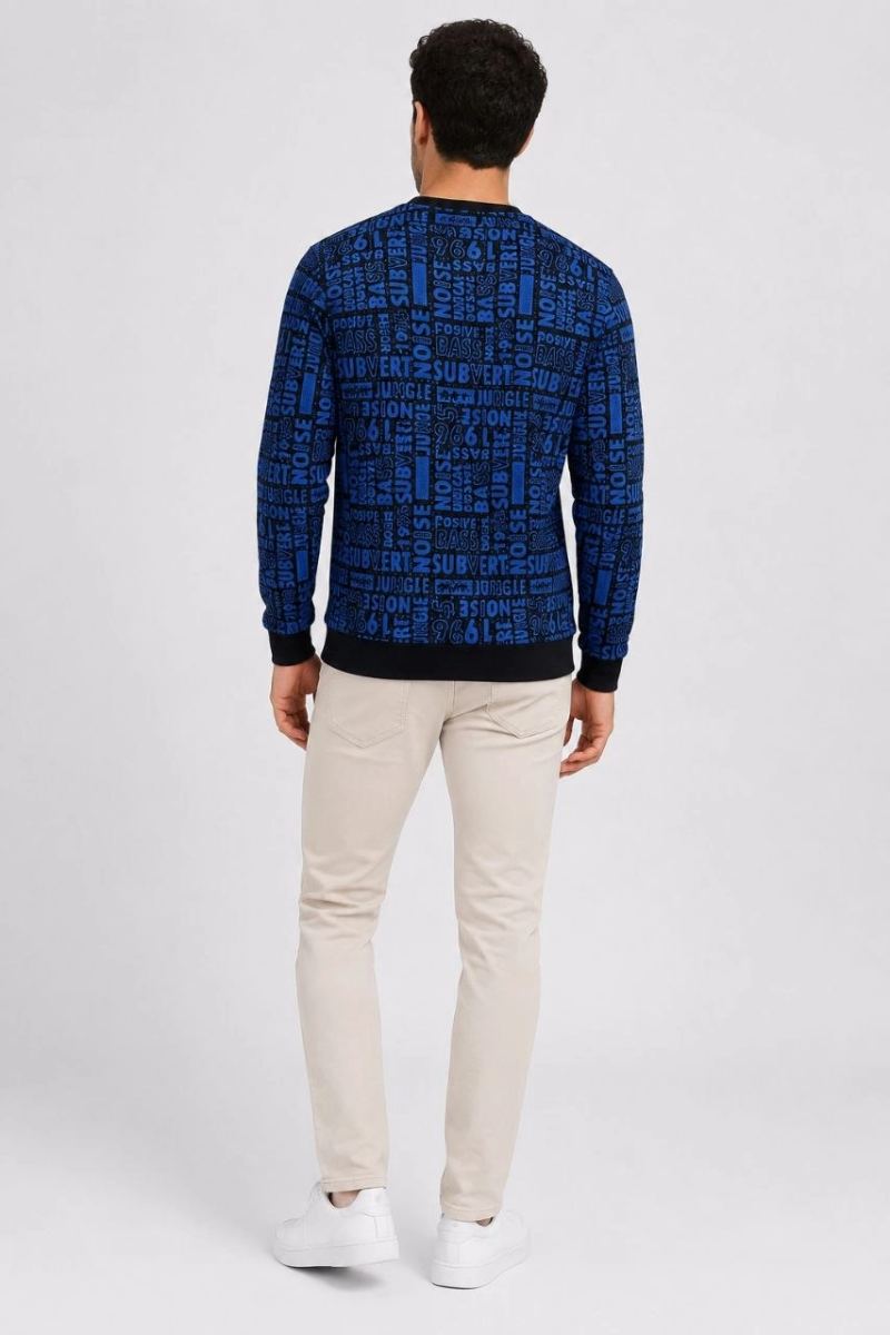 Erkek Siyah Mavi Yazı Desenli İki İplik Şardonlu Sweatshirt