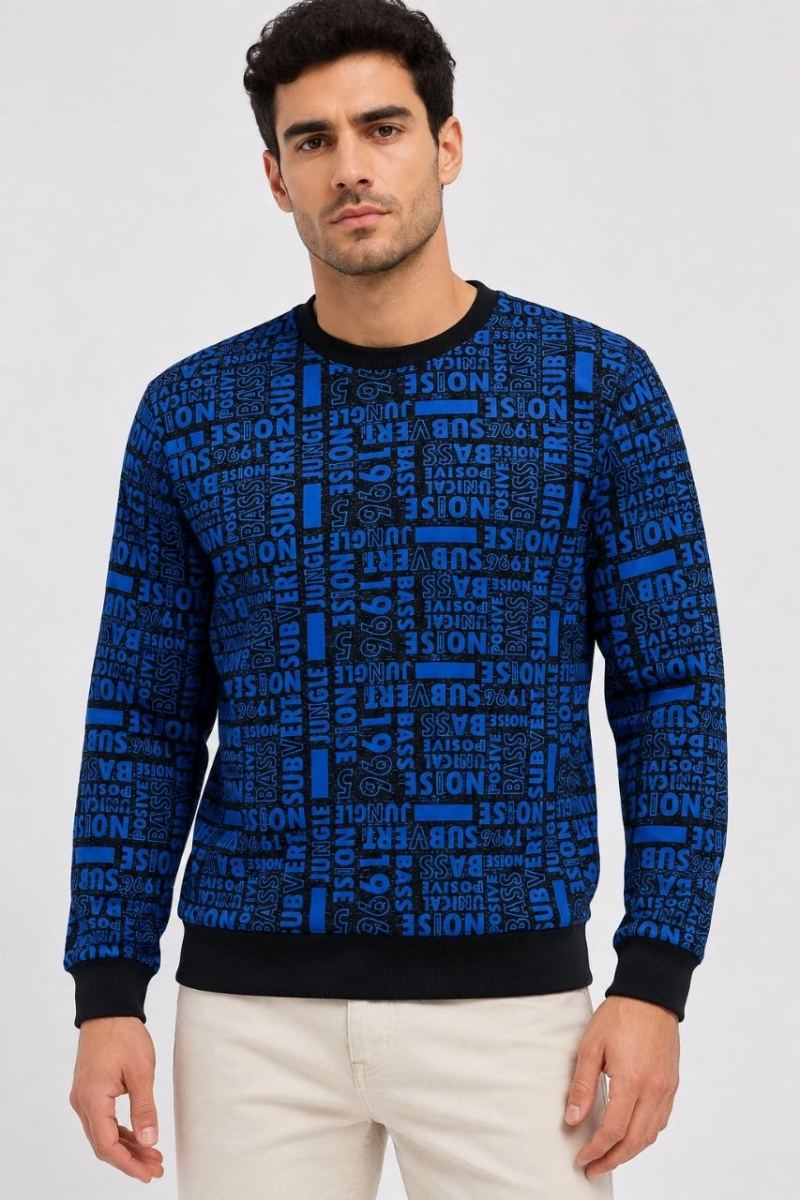 Erkek Siyah Mavi Yazı Desenli İki İplik Şardonlu Sweatshirt