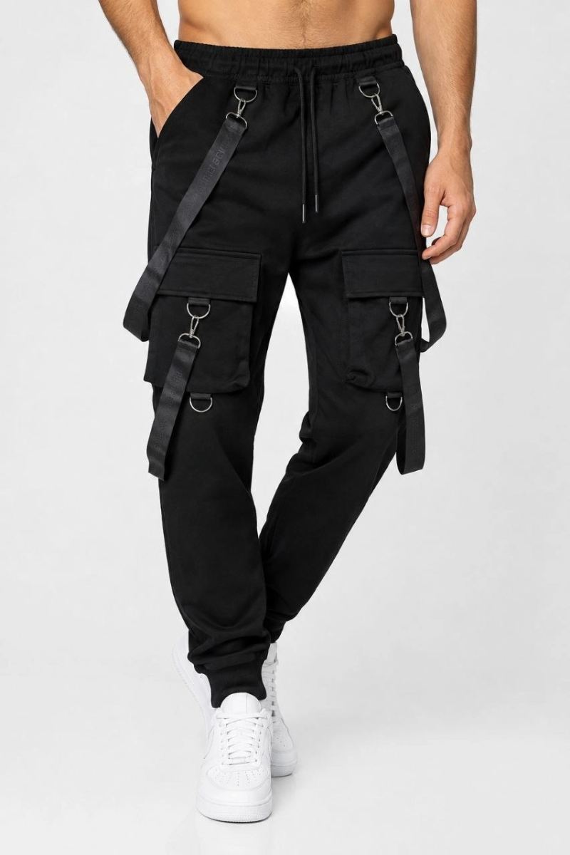 Erkek Techwear Şerit Aksesuarlı Ön Kapak Cep Detaylı Jogger Eşofman Altı - Siyah