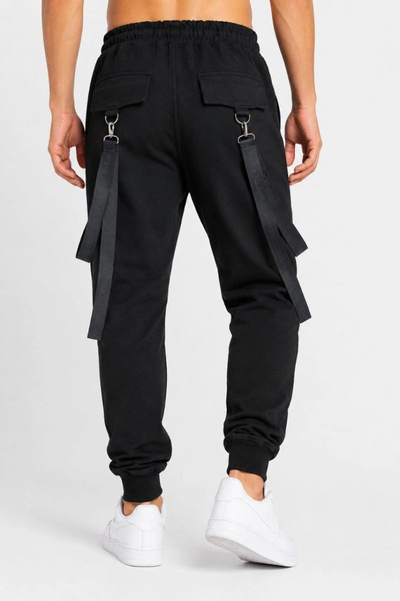 Erkek Techwear Şerit Aksesuarlı Ön Kapak Cep Detaylı Jogger Eşofman Altı - Siyah