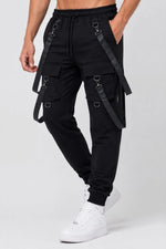 Erkek Techwear Şerit Aksesuarlı Ön Kapak Cep Detaylı Jogger Eşofman Altı - Siyah