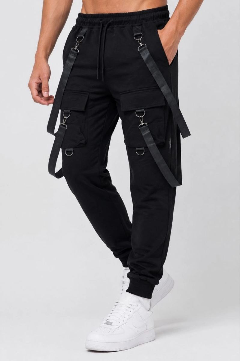 Erkek Techwear Şerit Aksesuarlı Ön Kapak Cep Detaylı Jogger Eşofman Altı - Siyah