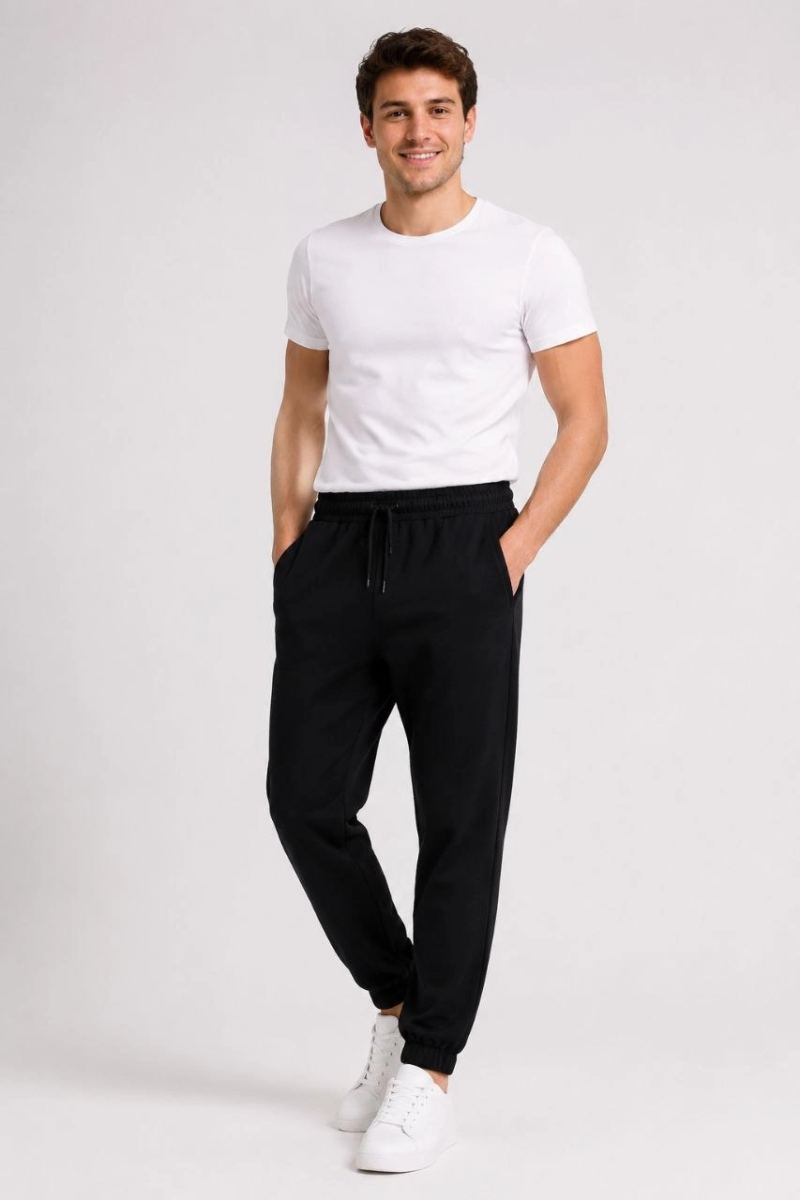 Erkek İki İplik Beli Lastikli Bağcıklı Regular Fit Jogger Eşofman Altı - Siyah