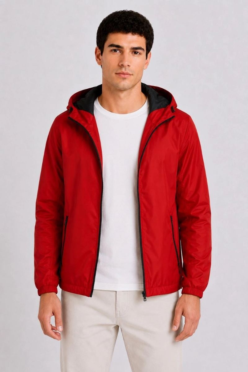 Erkek Kapüşonlu İç Astarlı Su ve Rüzgar İtici Fermuarlı Cepli İnce Rüzgarlık - Kırmızı