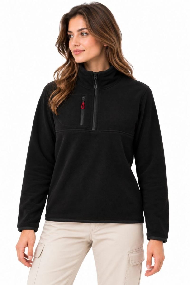 Kadın Polar Dik Yaka Yarım Fermuarlı Fermuarlı Göğüs Cepli Regular Fit Kışlık Sweatshirt - Siyah