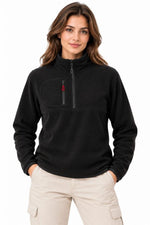 Kadın Polar Dik Yaka Yarım Fermuarlı Fermuarlı Göğüs Cepli Regular Fit Kışlık Sweatshirt - Siyah