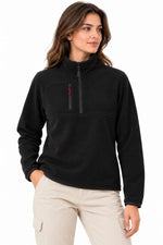 Kadın Polar Dik Yaka Yarım Fermuarlı Fermuarlı Göğüs Cepli Regular Fit Kışlık Sweatshirt - Siyah