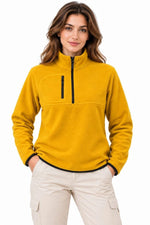 Kadın Polar Dik Yaka Yarım Fermuarlı Fermuarlı Göğüs Cepli Regular Fit Kışlık Sweatshirt - Hardal Sarısı