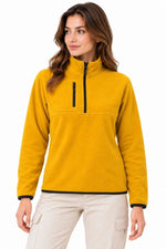 Kadın Polar Dik Yaka Yarım Fermuarlı Fermuarlı Göğüs Cepli Regular Fit Kışlık Sweatshirt - Hardal Sarısı