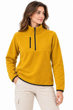 Kadın Polar Dik Yaka Yarım Fermuarlı Fermuarlı Göğüs Cepli Regular Fit Kışlık Sweatshirt - Hardal Sarısı