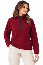 Kadın Polar Dik Yaka Yarım Fermuarlı Fermuarlı Göğüs Cepli Regular Fit Kışlık Sweatshirt - Bordo