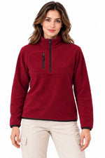 Kadın Polar Dik Yaka Yarım Fermuarlı Fermuarlı Göğüs Cepli Regular Fit Kışlık Sweatshirt - Bordo