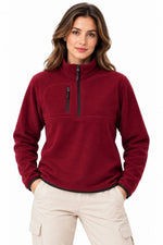 Kadın Polar Dik Yaka Yarım Fermuarlı Fermuarlı Göğüs Cepli Regular Fit Kışlık Sweatshirt - Bordo