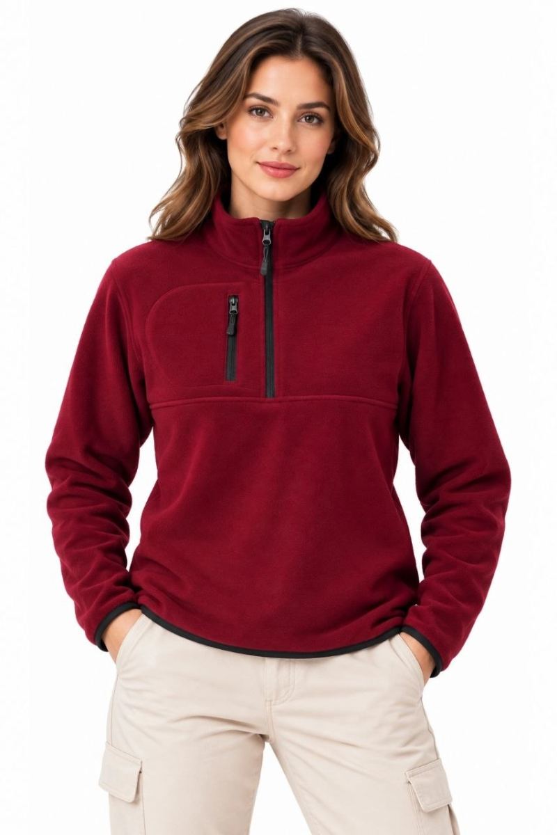 Kadın Polar Dik Yaka Yarım Fermuarlı Fermuarlı Göğüs Cepli Regular Fit Kışlık Sweatshirt - Bordo