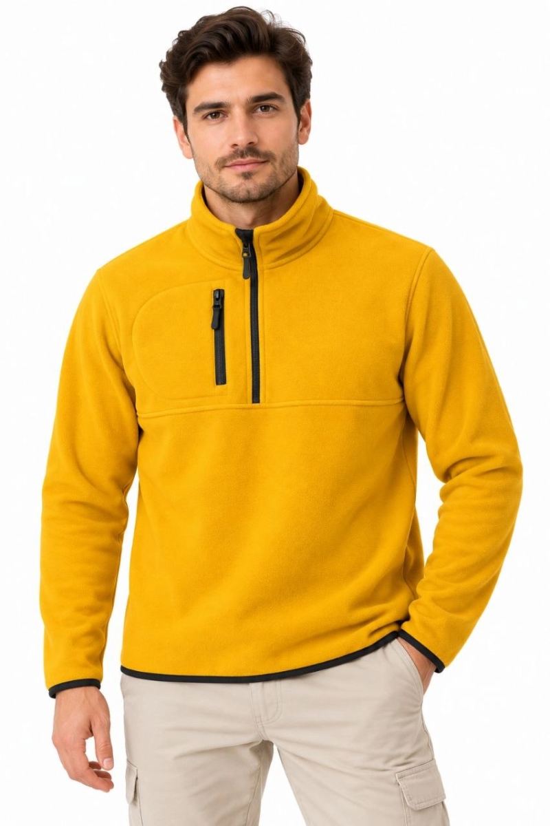 Erkek Polar Dik Yaka Yarım Fermuarlı Fermuarlı Göğüs Cepli Regular Fit Kışlık Sweatshirt - Hardal