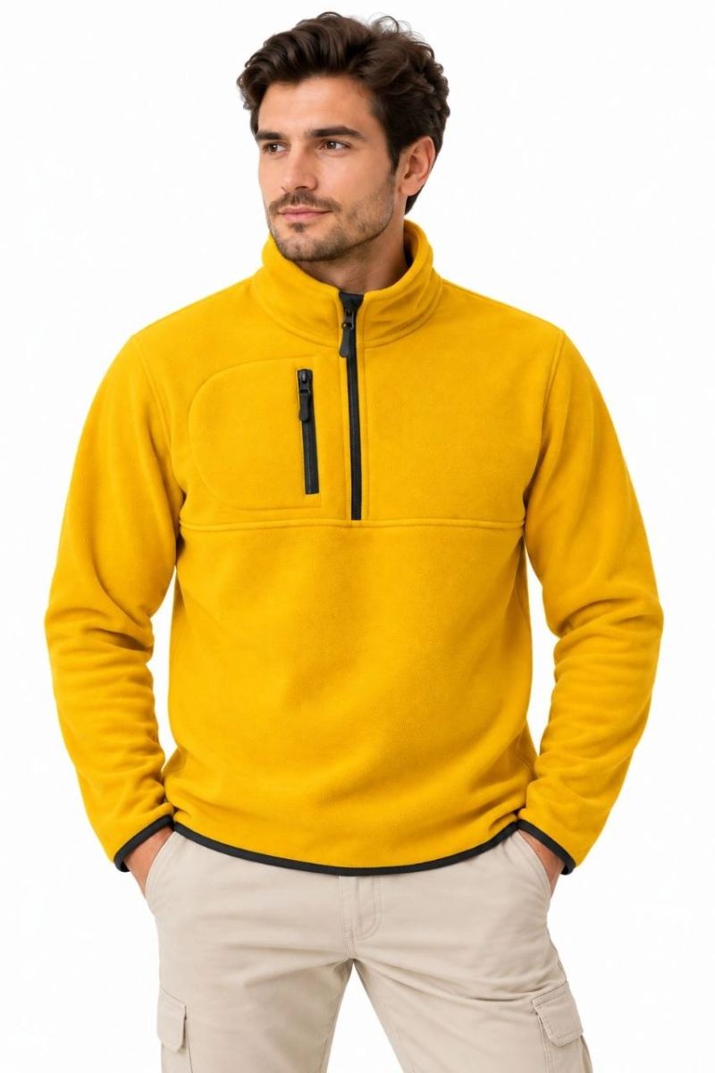 Erkek Polar Dik Yaka Yarım Fermuarlı Fermuarlı Göğüs Cepli Regular Fit Kışlık Sweatshirt - Hardal