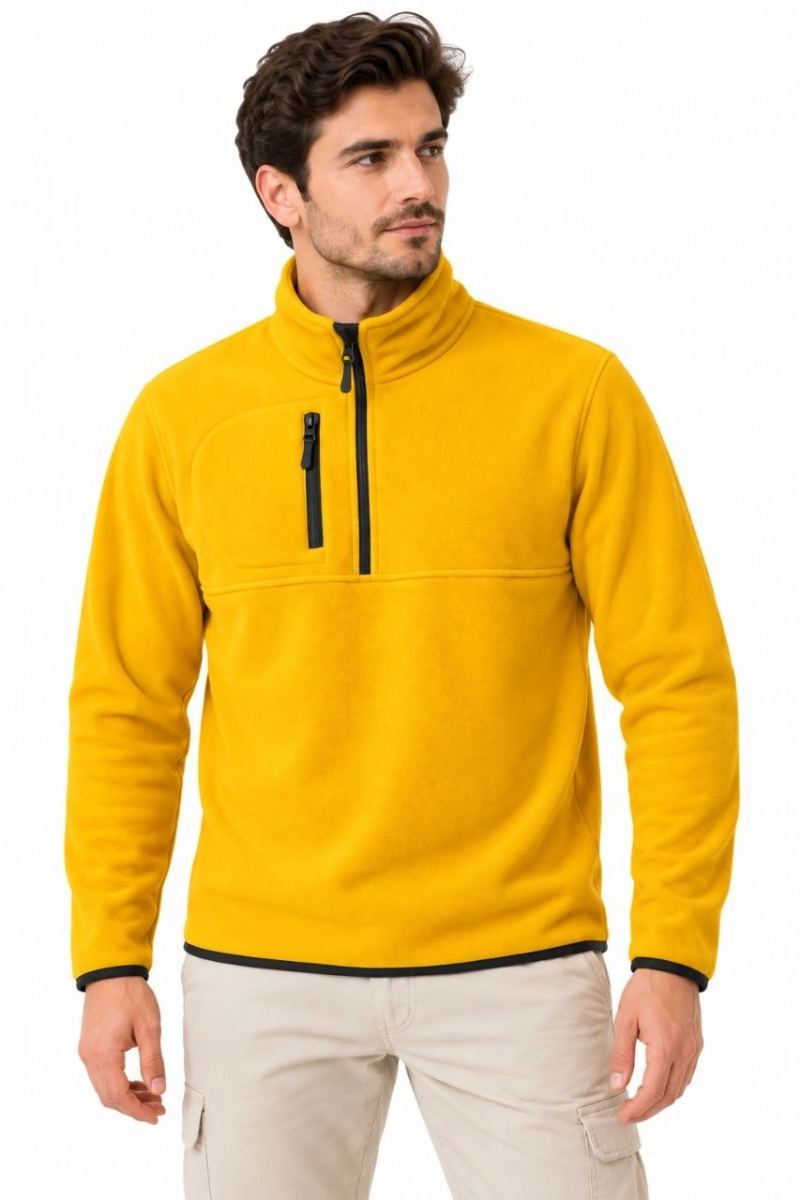 Erkek Polar Dik Yaka Yarım Fermuarlı Fermuarlı Göğüs Cepli Regular Fit Kışlık Sweatshirt - Hardal
