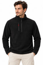 Erkek Polar Dik Yaka Yarım Fermuarlı Fermuarlı Göğüs Cepli Regular Fit Kışlık Sweatshirt - Siyah
