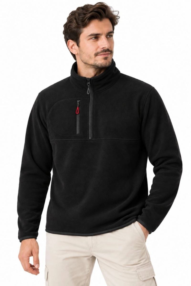 Erkek Polar Dik Yaka Yarım Fermuarlı Fermuarlı Göğüs Cepli Regular Fit Kışlık Sweatshirt - Siyah