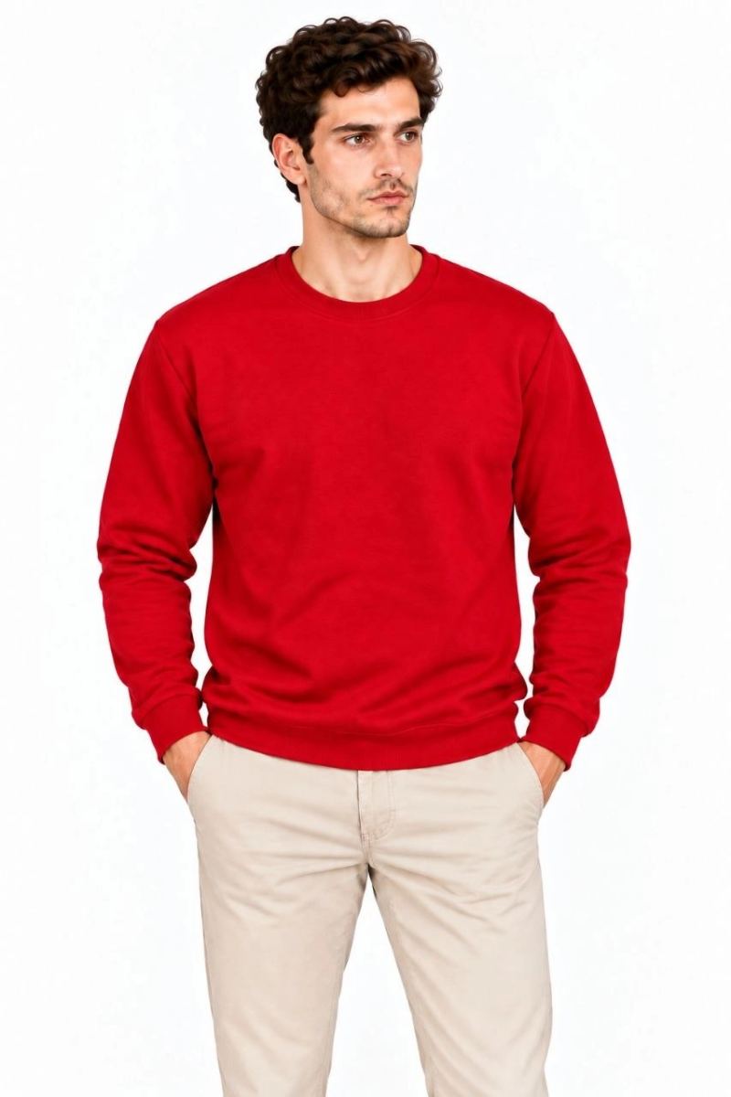 Erkek Bisiklet Yaka İçi Şardonlu 2 İplik Düz Uzun Kollu Regular Fit Sweatshirt - Kırmızı