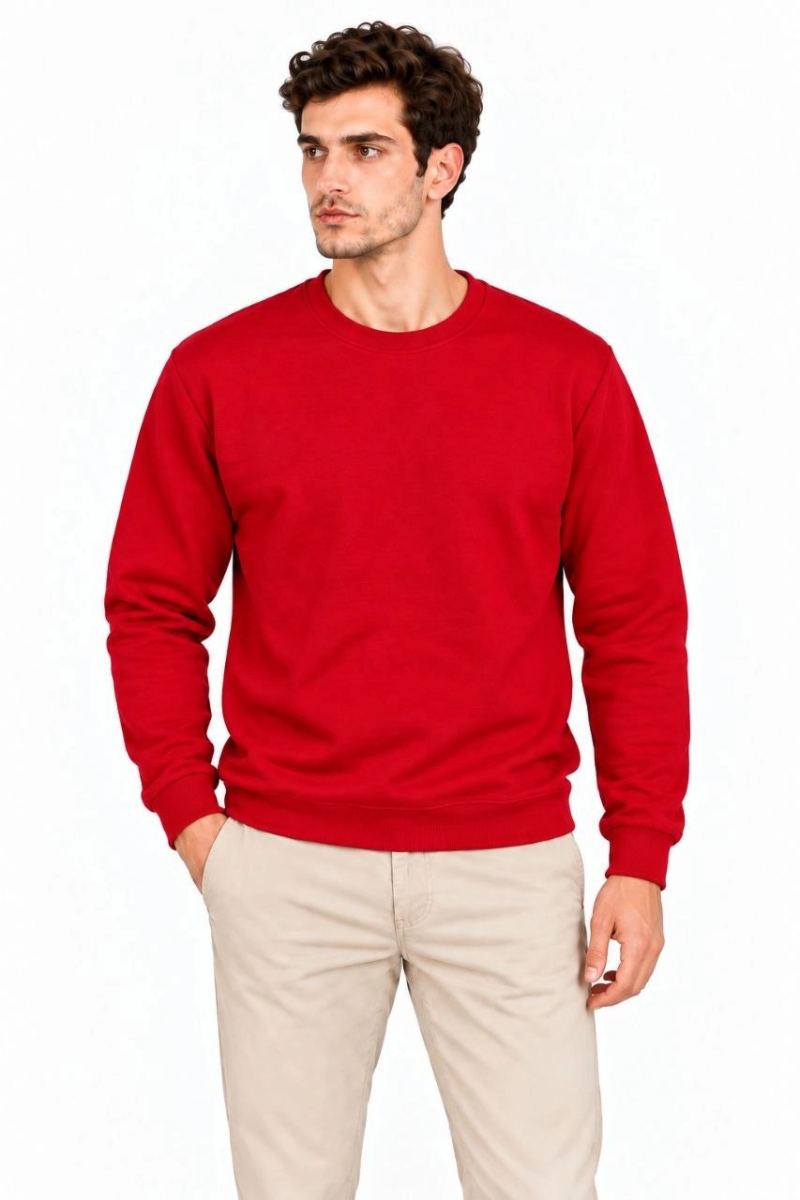Erkek Bisiklet Yaka İçi Şardonlu 2 İplik Düz Uzun Kollu Regular Fit Sweatshirt - Kırmızı
