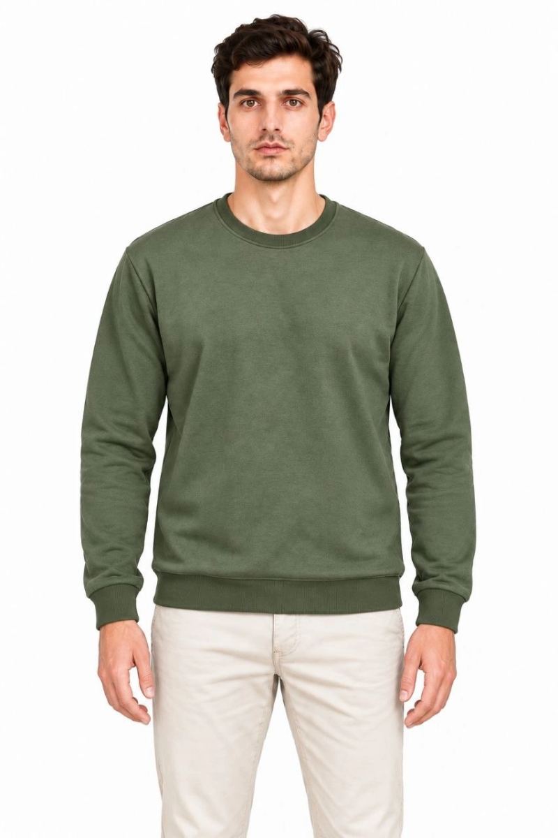 Erkek Bisiklet Yaka İçi Şardonlu 2 İplik Düz Uzun Kollu Regular Fit Sweatshirt -Haki