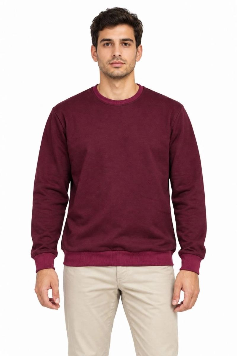 Erkek Bisiklet Yaka İçi Şardonlu 2 İplik Düz Uzun Kollu Regular Fit Sweatshirt -Bordo