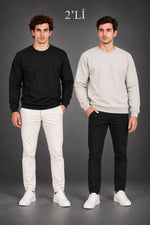 Erkek 2'Li Bisiklet Yaka İçi Şardonlu 2 İplik Düz Uzun Kollu Regular Fit Sweatshirt - Siyah & Gri
