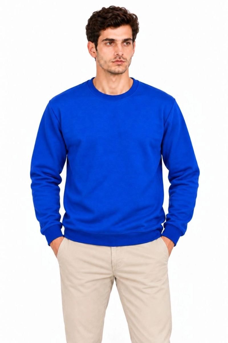 Erkek 2'Li Bisiklet Yaka İçi Şardonlu 2 İplik Düz Uzun Kollu Regular Fit Sweatshirt - Mavi & Kırmızı