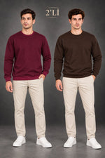 Erkek 2'Li Bisiklet Yaka İçi Şardonlu 2 İplik Düz Uzun Kollu Regular Fit Sweatshirt -Bordo & Kahverengi