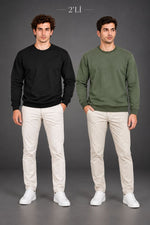 Erkek 2'Li Bisiklet Yaka İçi Şardonlu 2 İplik Düz Uzun Kollu Regular Fit Sweatshirt - Siyah & Haki