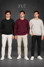 Erkek 3'Lü Bisiklet Yaka İçi Şardonlu 2 İplik Düz Uzun Kollu Regular Fit Sweatshirt - Siyah - Bordo - Gri